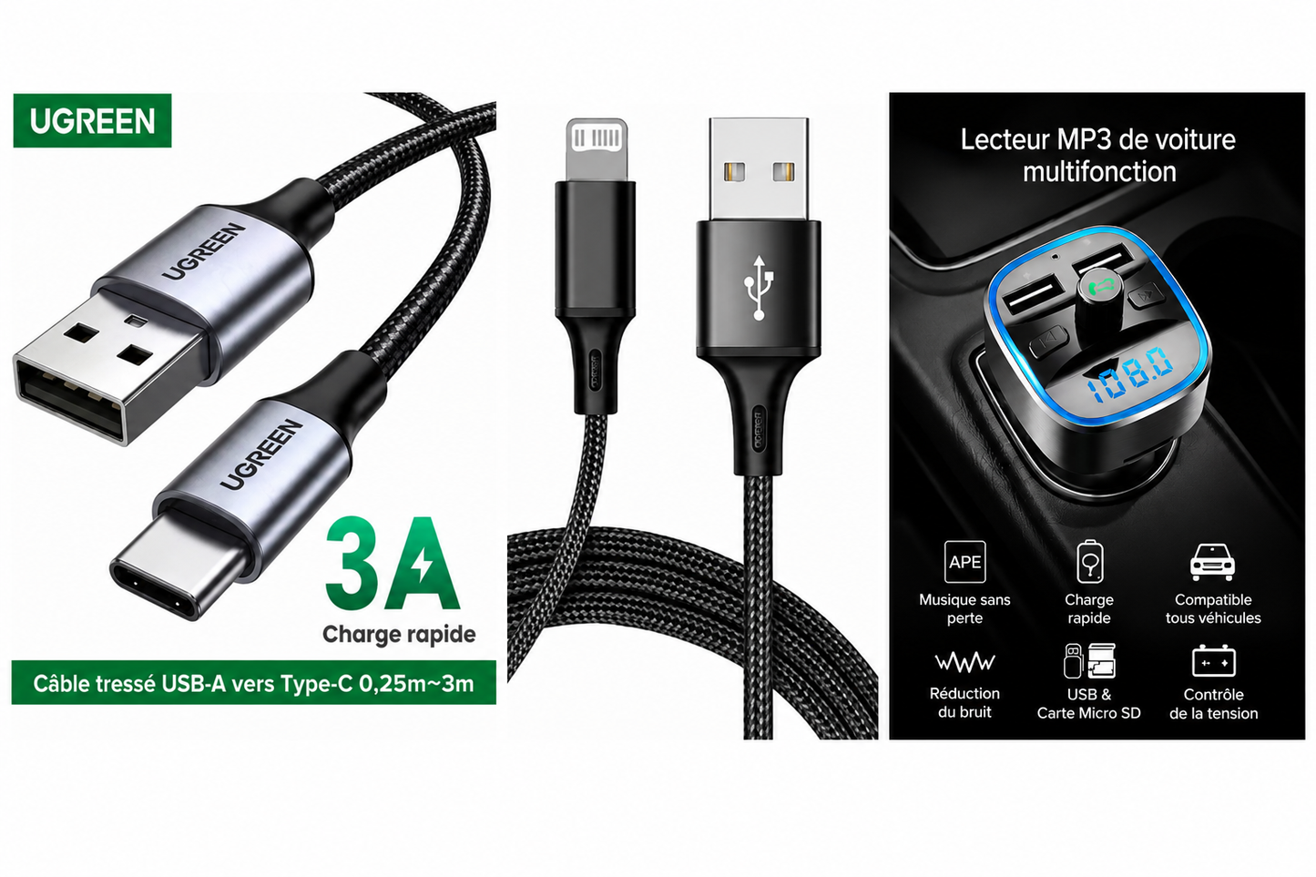 Pack Autoradio T25 Bluetooth + Câbles iPhone & Android